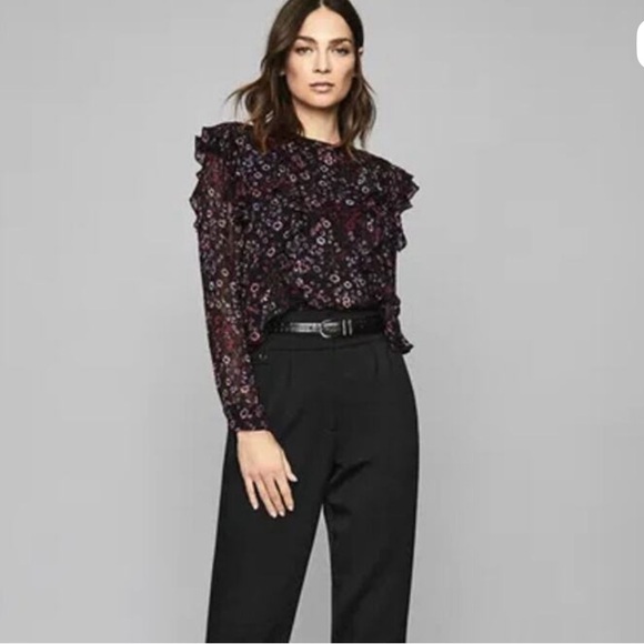Reiss Faiza India Ruffle Pintuck Black Floral Blouse - Picture 3 of 6